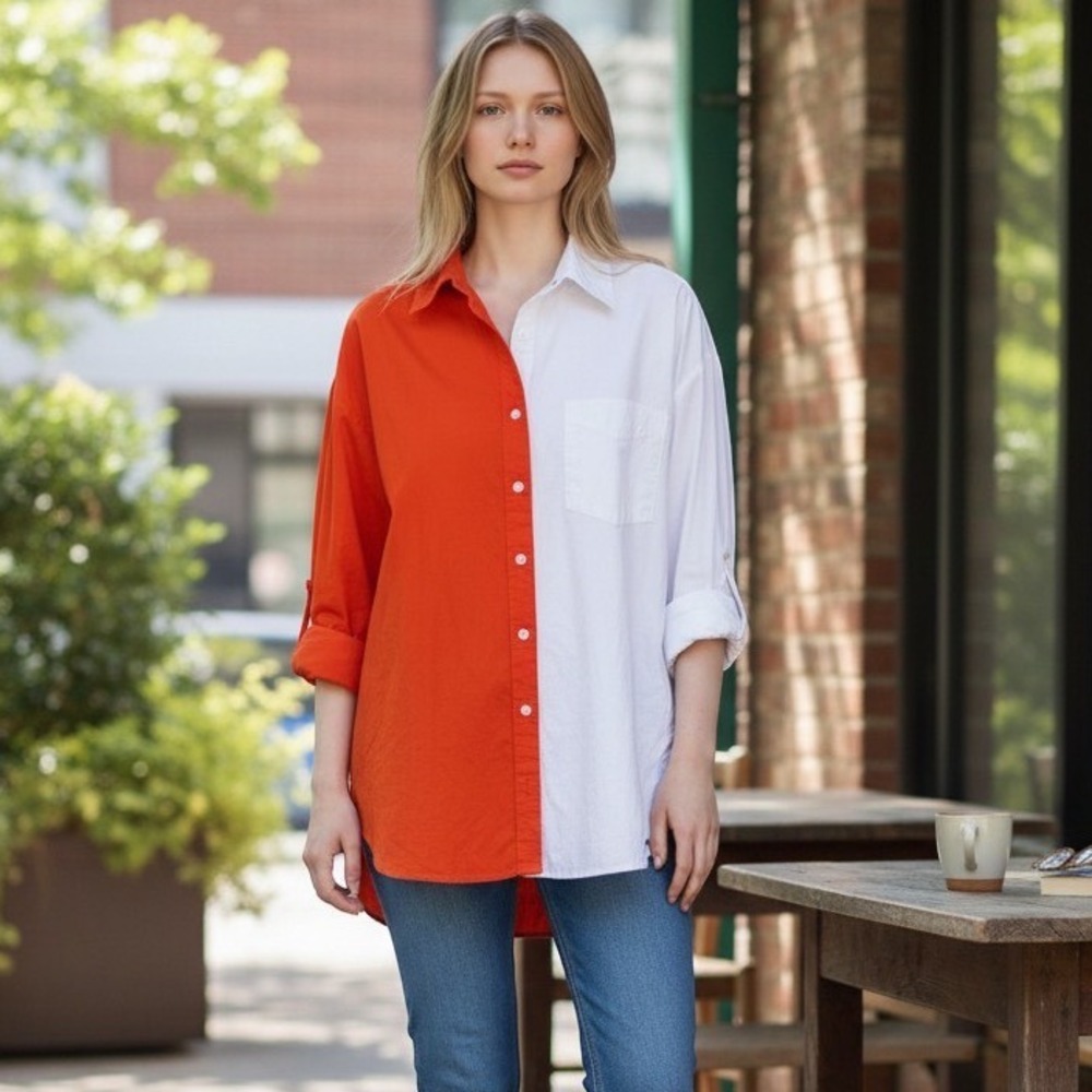 Maeve Anthropologie Colorblock Button Down Shirt Orange White Cotton Tunic M